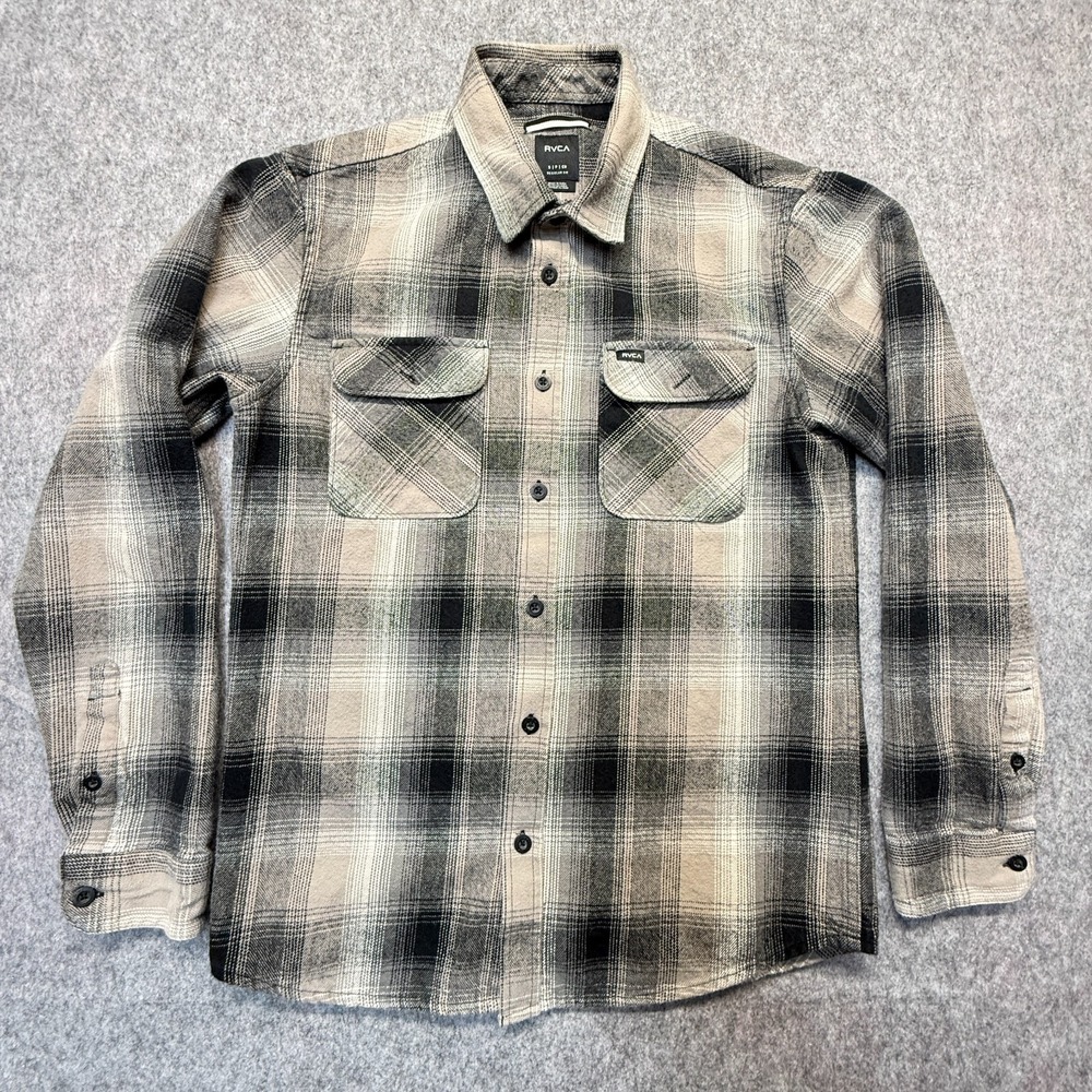 RVCA Flannel Shirt Men S Regular Fit Heavy Cotton Gray Plaid MH507HIG - Picture 1 of 8